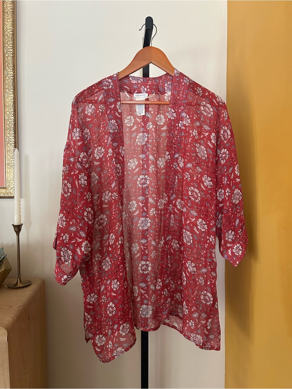 Lucky Brand Floral Bohemian Kimono Open Front Duster Caftan Wrap Festival Red